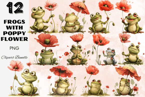 Download Frogs with Poppy Flower Clipart Bundle - Art Collection
