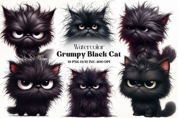 Download Watercolor Grumpy Black Cat Clipart - Art Collection