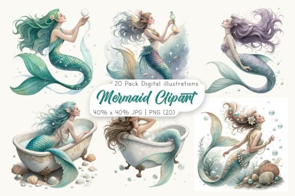 Download Watercolor Mermaid Clipart Bundle - Art Collection