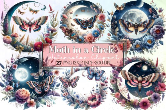 Download Watercolor Moth in a Circle Clipart - Art Collection