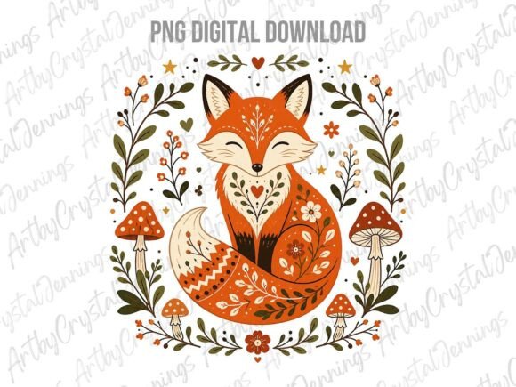 Download Folk Art Fox and Woodland Mushrooms PNG - Art Collection