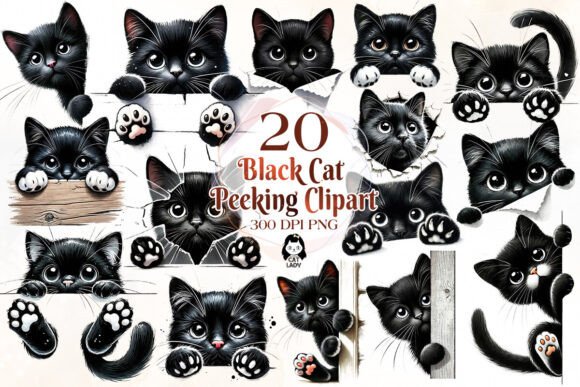 Download Cute Black Cat Peeking Clipart Bundle - Art Collection
