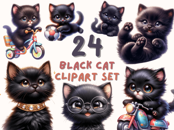 Download Cute Black Cat Watercolor Clipart Set - Art Collection
