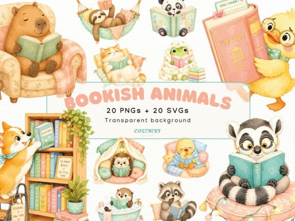 Download Bookish Cute Animals Watercolor Cliparts - Art Collection